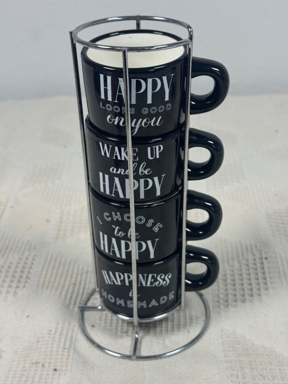 Set Of 4 Black Ceramic Stacking Mugs With Inspirational Quotes and Chrome Stand